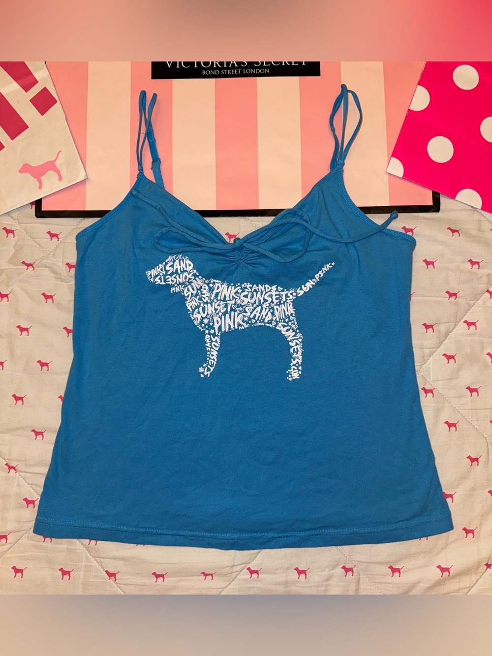 VS PINK VINTAGE Y2K CAMI TANK TOP BLUE DOG PUP SUNSETS SAND SUN BEACH LOGO NWT L
